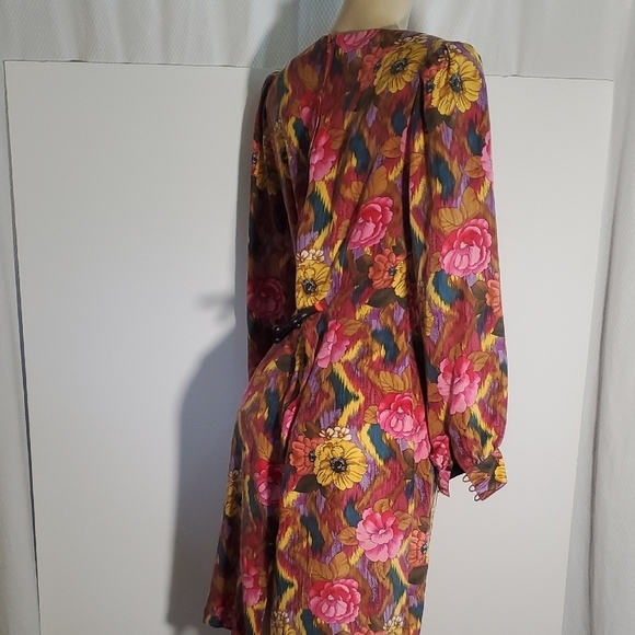 Vintage 80s Pat Argenti 100%Silk Dress 12 Pink Floral Long Sleeve Sheath Y2K - Picture 7 of 15